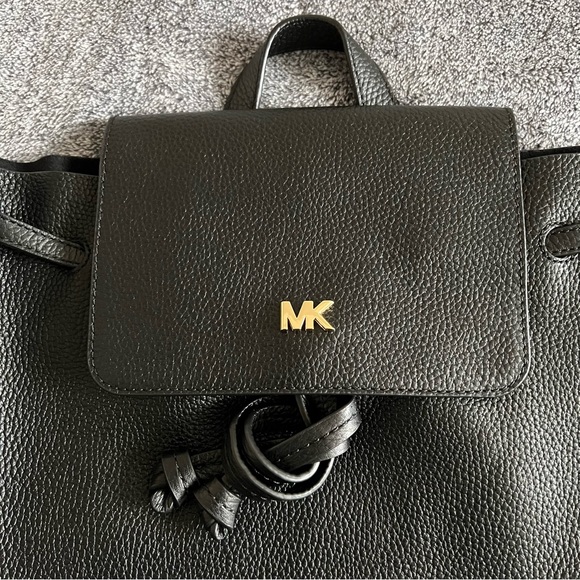 Michael Kors Junie Medium Flap Leather Backpack Black w/ Gold Tone Hardware